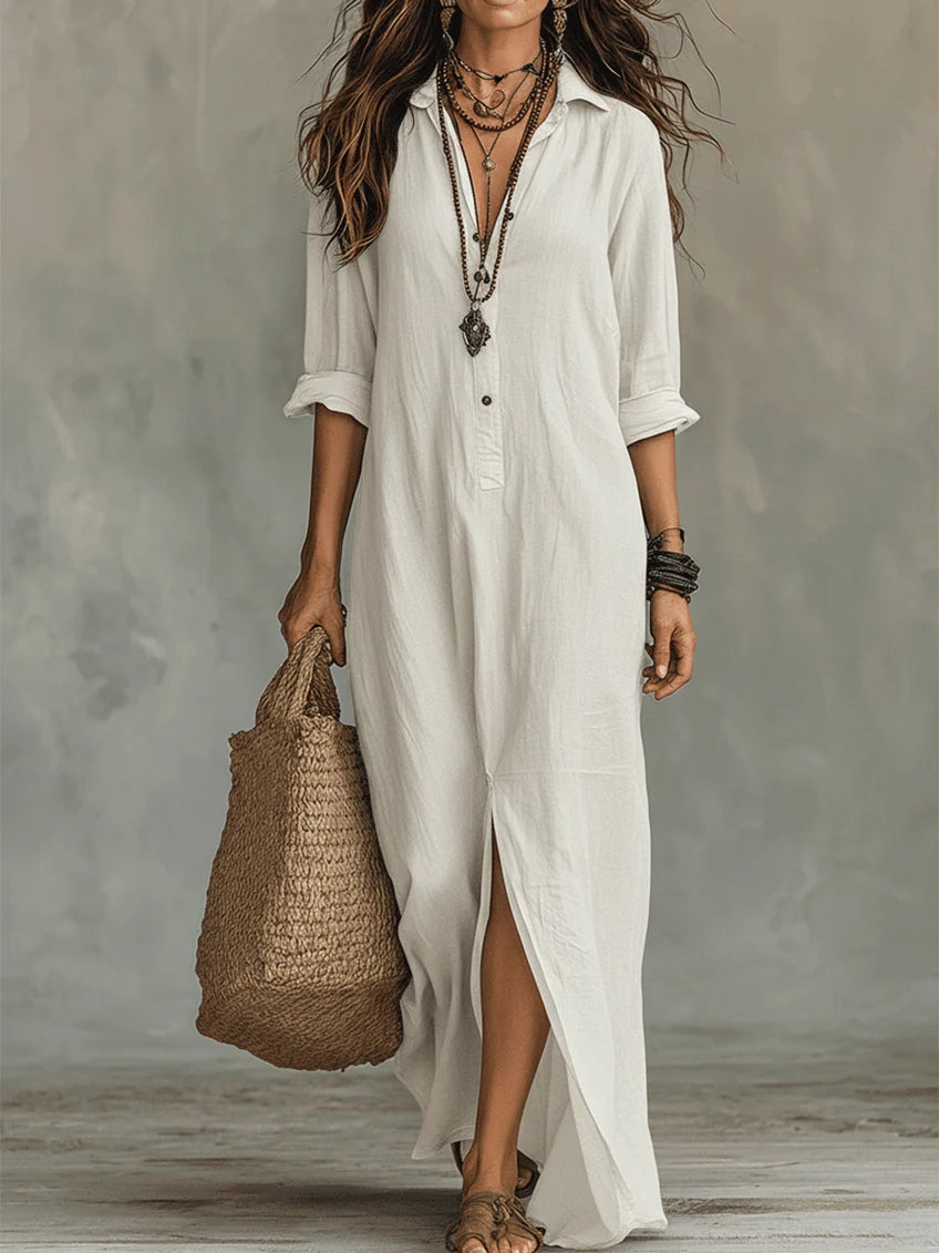 Soline™ | Robe Maxi Verte Flottante avec Boutons