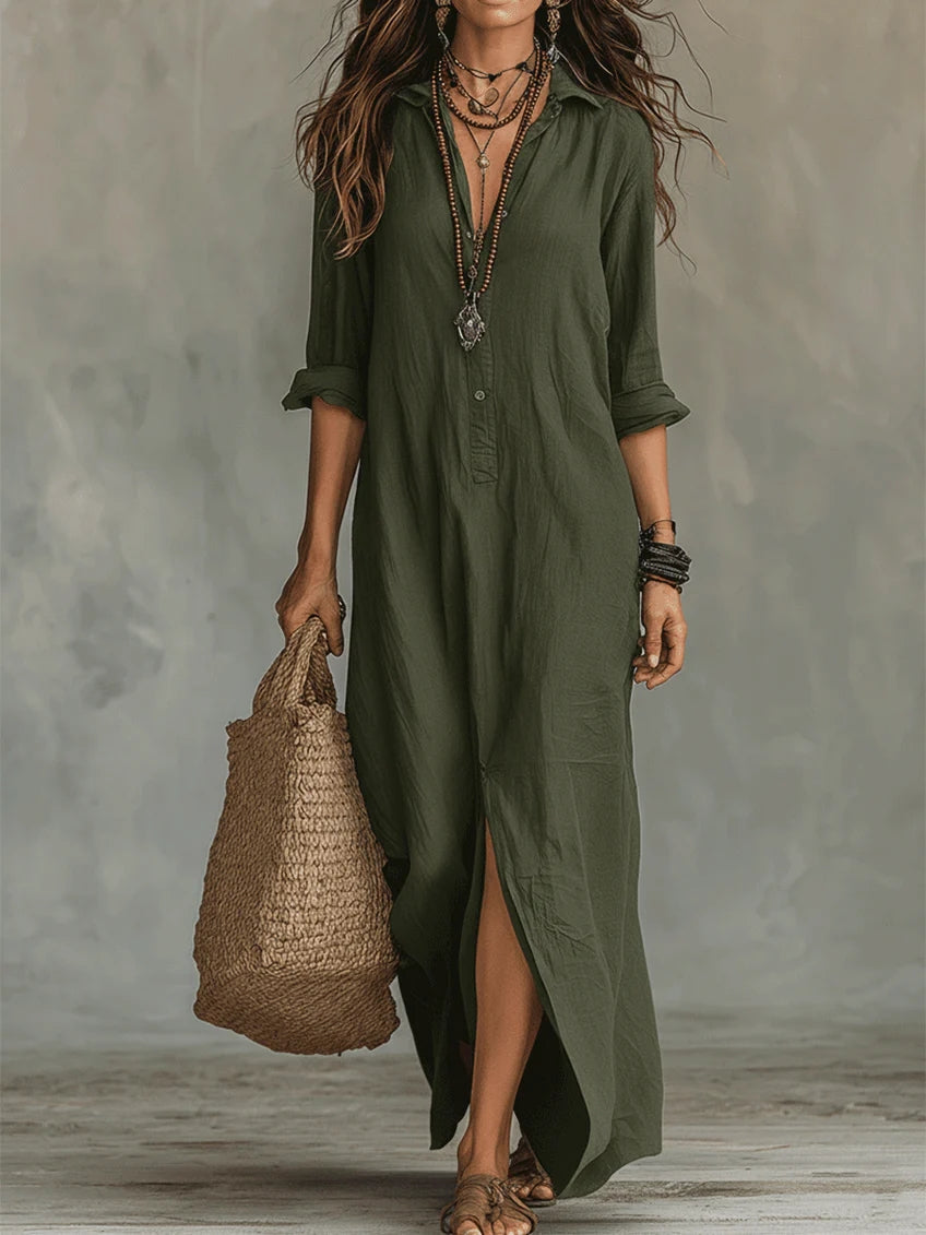 Soline™ | Robe Maxi Verte Flottante avec Boutons