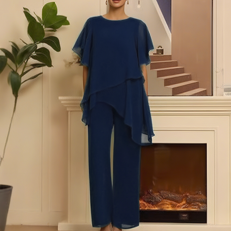 Deux-pièces pour femmes : Charmant top asymétrique & pantalon à jambes larges