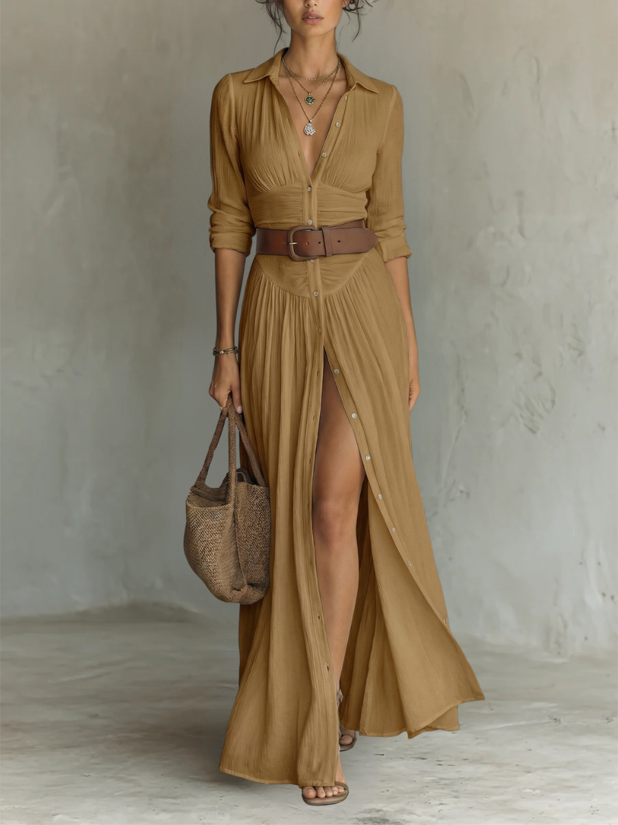 Robe Maxi Col Revers à Manches Longues