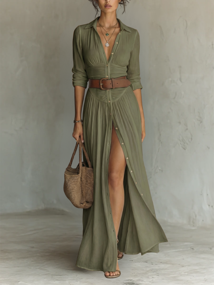 Robe Maxi Col Revers à Manches Longues