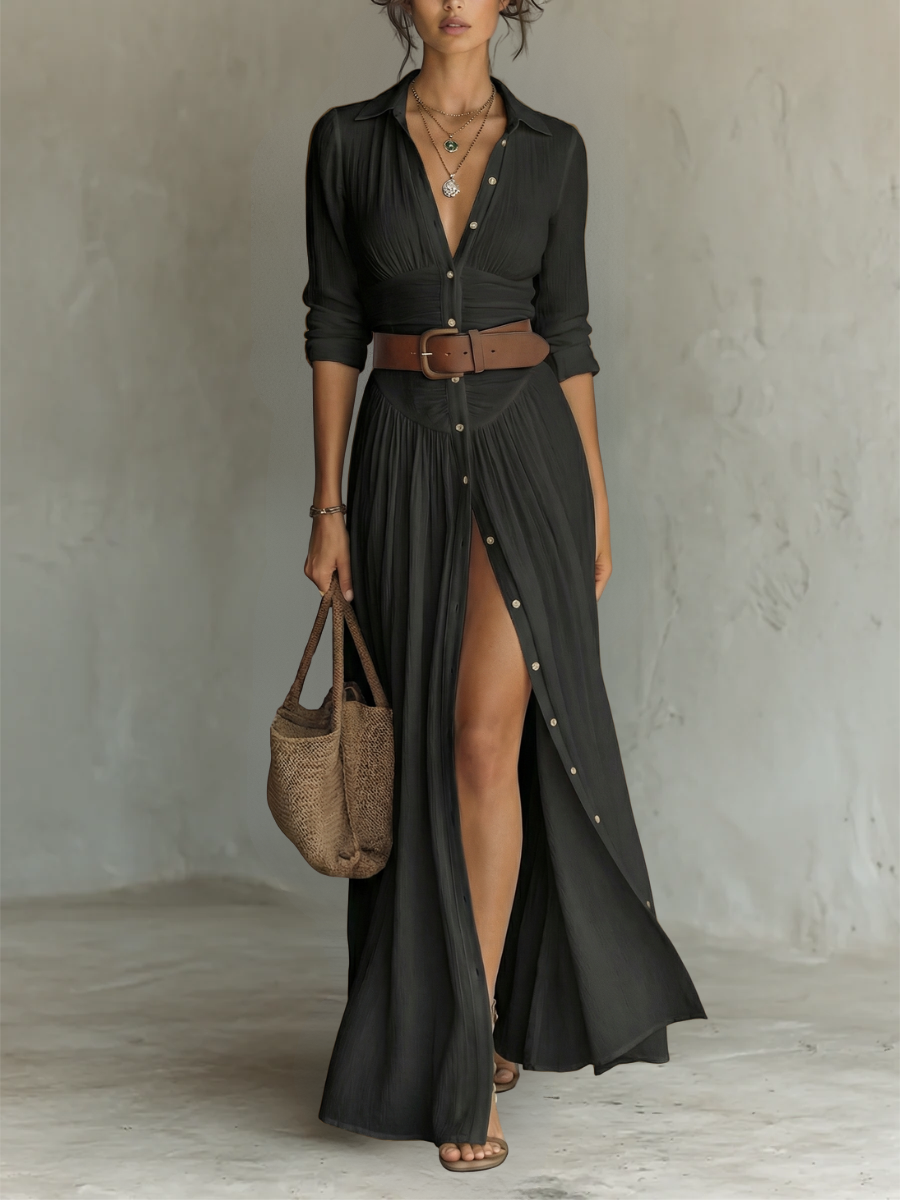 Robe Maxi Col Revers à Manches Longues