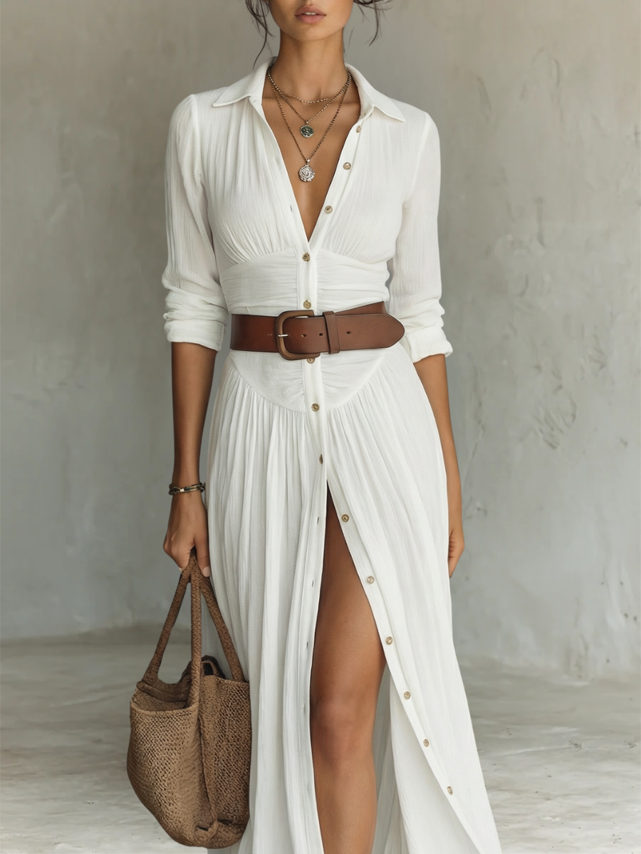 Robe Maxi Col Revers à Manches Longues