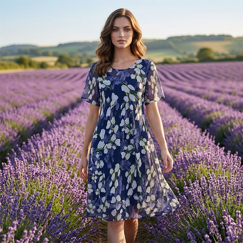 Charlotte | Robe de Soirée Trapèze à Manches Courtes – Imprimé Floral Élégant