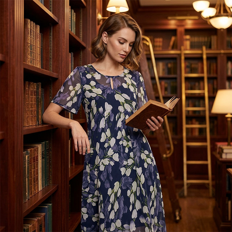 Charlotte | Robe de Soirée Trapèze à Manches Courtes – Imprimé Floral Élégant