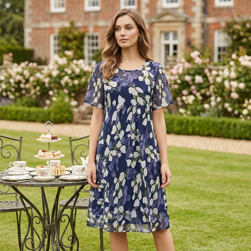 Charlotte | Robe de Soirée Trapèze à Manches Courtes – Imprimé Floral Élégant