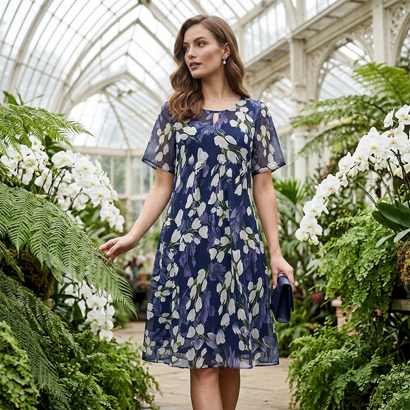 Charlotte | Robe de Soirée Trapèze à Manches Courtes – Imprimé Floral Élégant