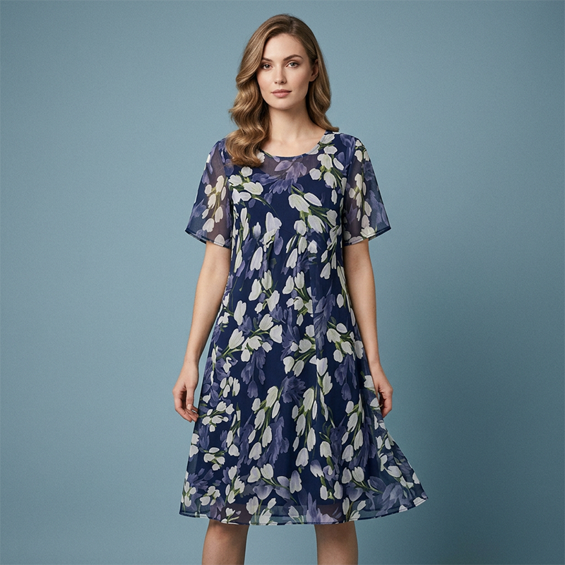 Charlotte | Robe de Soirée Trapèze à Manches Courtes – Imprimé Floral Élégant