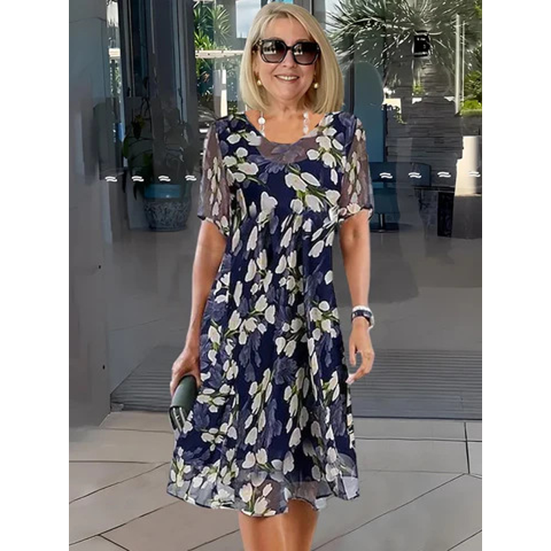 Charlotte | Robe de Soirée Trapèze à Manches Courtes – Imprimé Floral Élégant