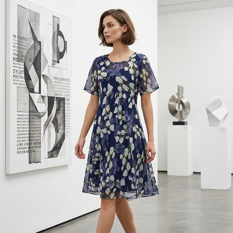 Charlotte | Robe de Soirée Trapèze à Manches Courtes – Imprimé Floral Élégant