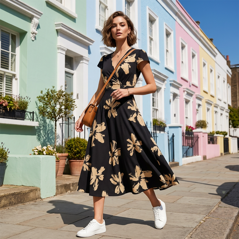 Robe décontractée à imprimé, col en V et volants pour femme