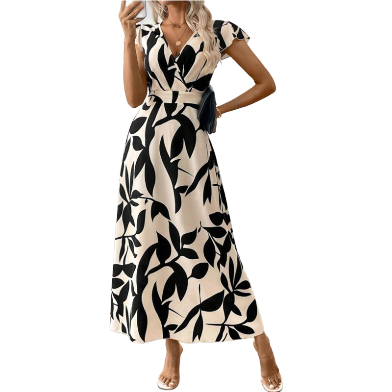 Robe décontractée à imprimé, col en V et volants pour femme