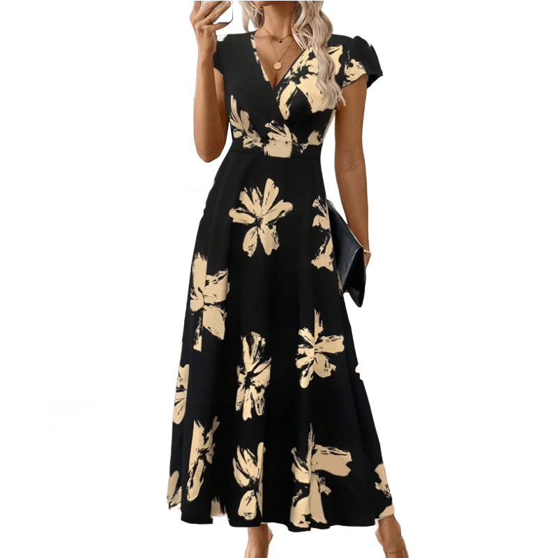 Robe décontractée à imprimé, col en V et volants pour femme